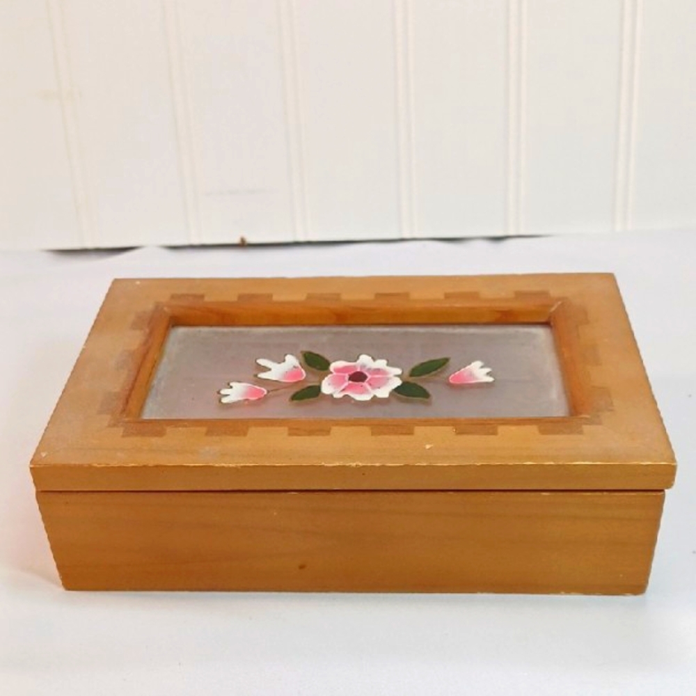 Vintage 80S  Wooden Jewelry Box with Floral Stain  Glass Flip Top  Design